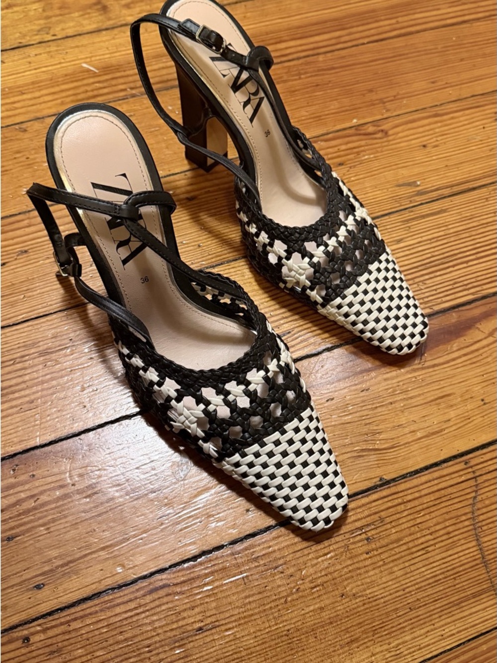 ZARA Black & White Woven Pointed Slingback Heels